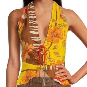 Free People Sz M Hot Tropics Cinched Tank Top Halter V Neck Racerback NWT